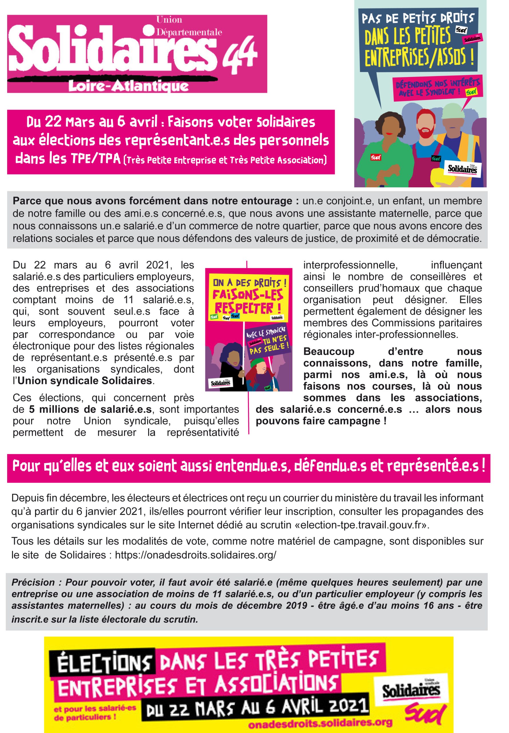 22 mars au 6 avril : Faisons voter Solidaires aux élections pour les représentant.e.s des personnels dans les TPE/TPA
