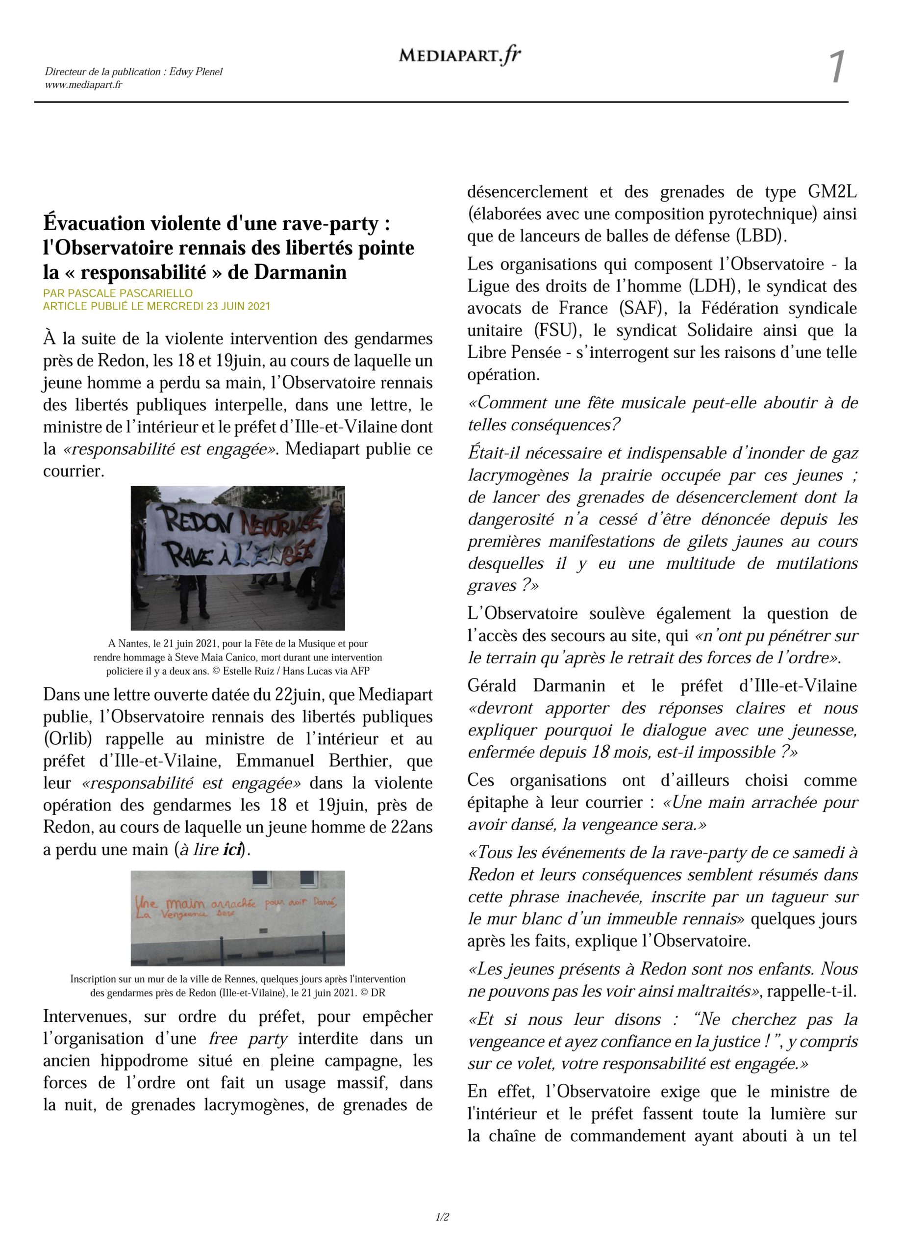 23 juin : Article de Médiapart sur l’évacuation violente d’une rave-party à Redon