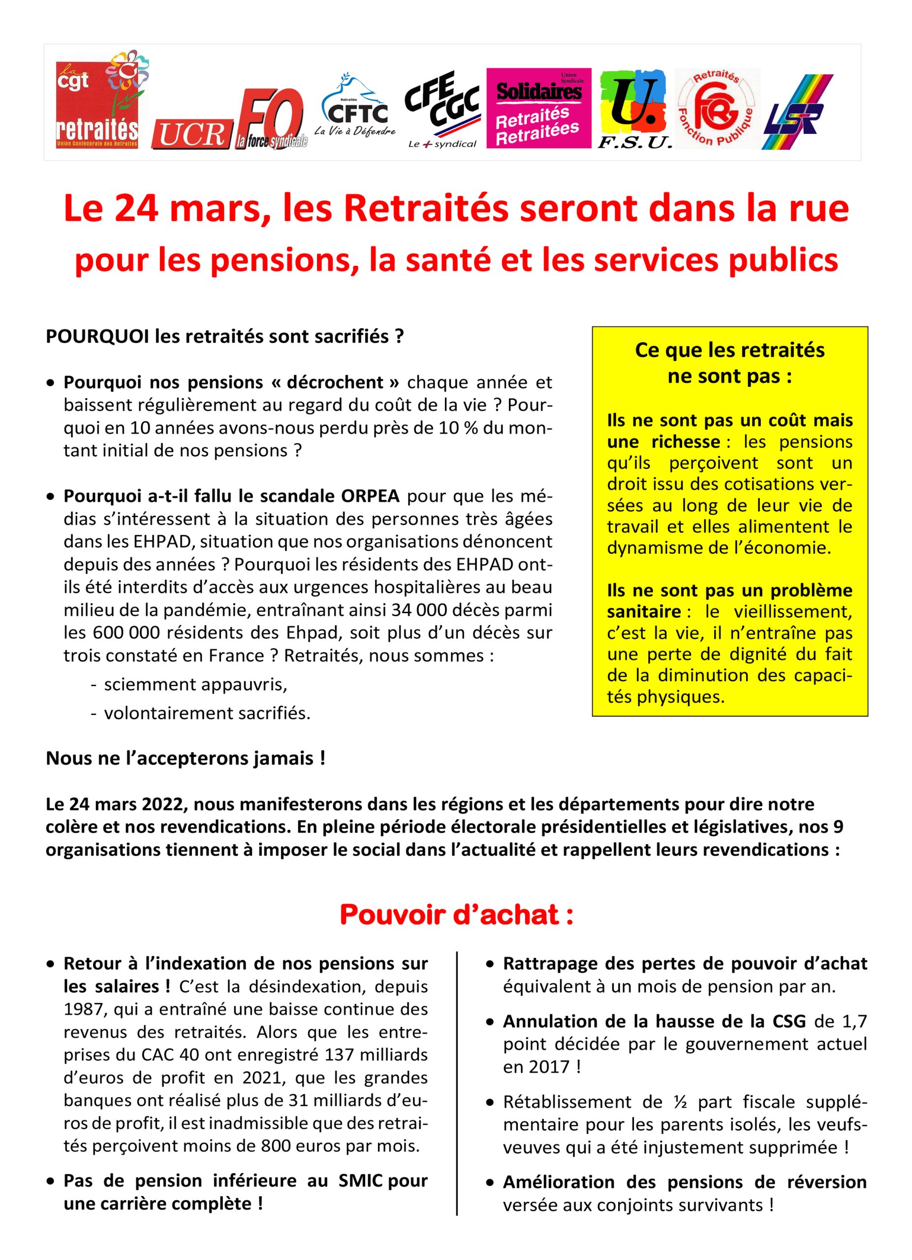 24 mars : les retraité·es dans la rue pour les pensions, la santé et les services publics !