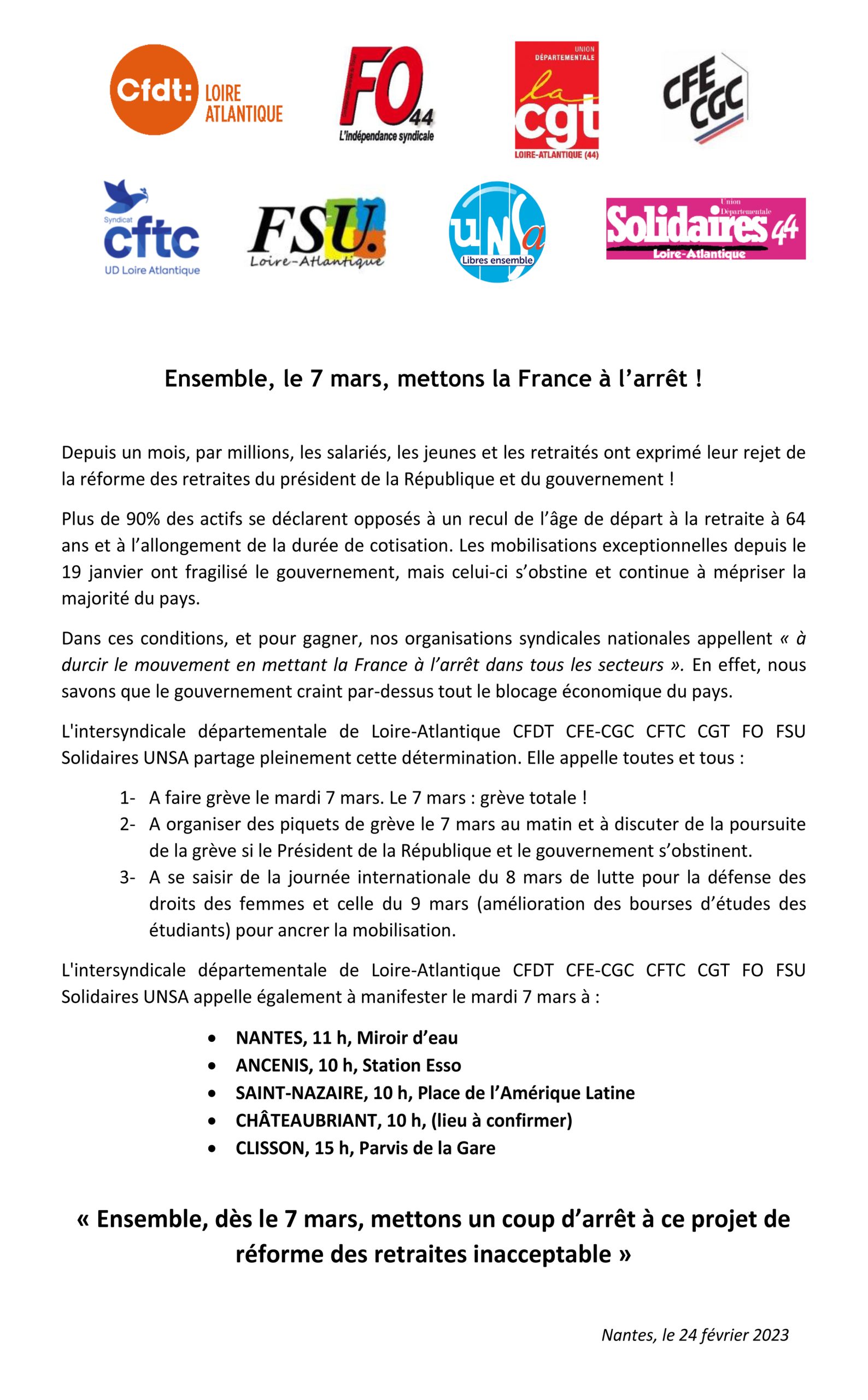 7 mars : Ensemble mettons la France à l’arrêt !
