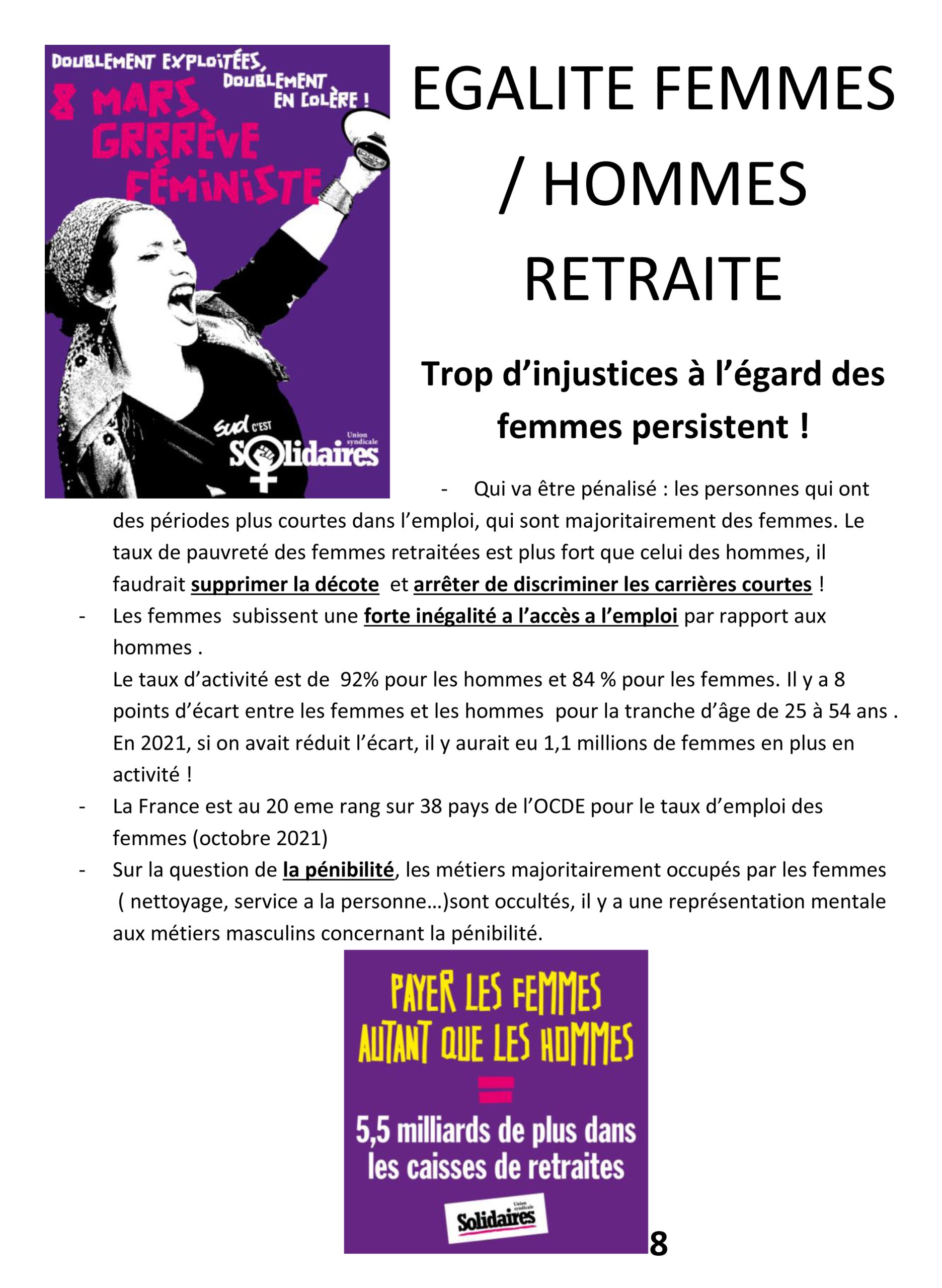 8 mars : grève féministe pour la journée internationale de lutte pour les droits des femmes – égalité femmes/hommes – retraites