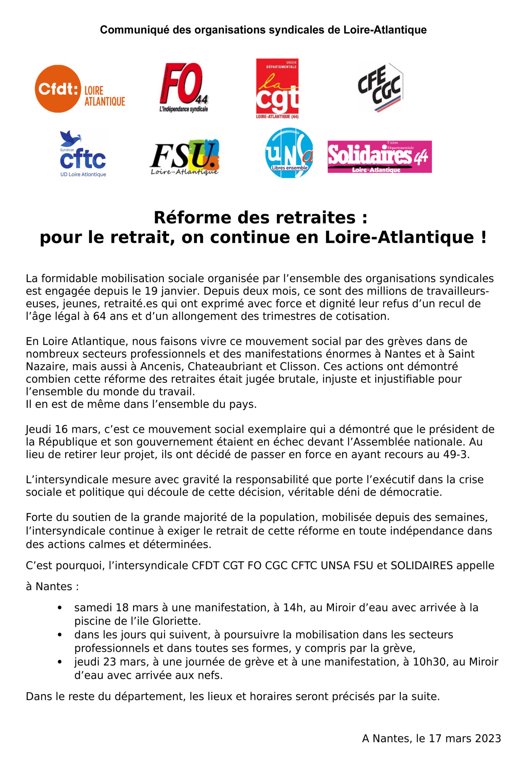 18 mars – 23 mars : Réforme des retraites, pour le retrait, on continue !