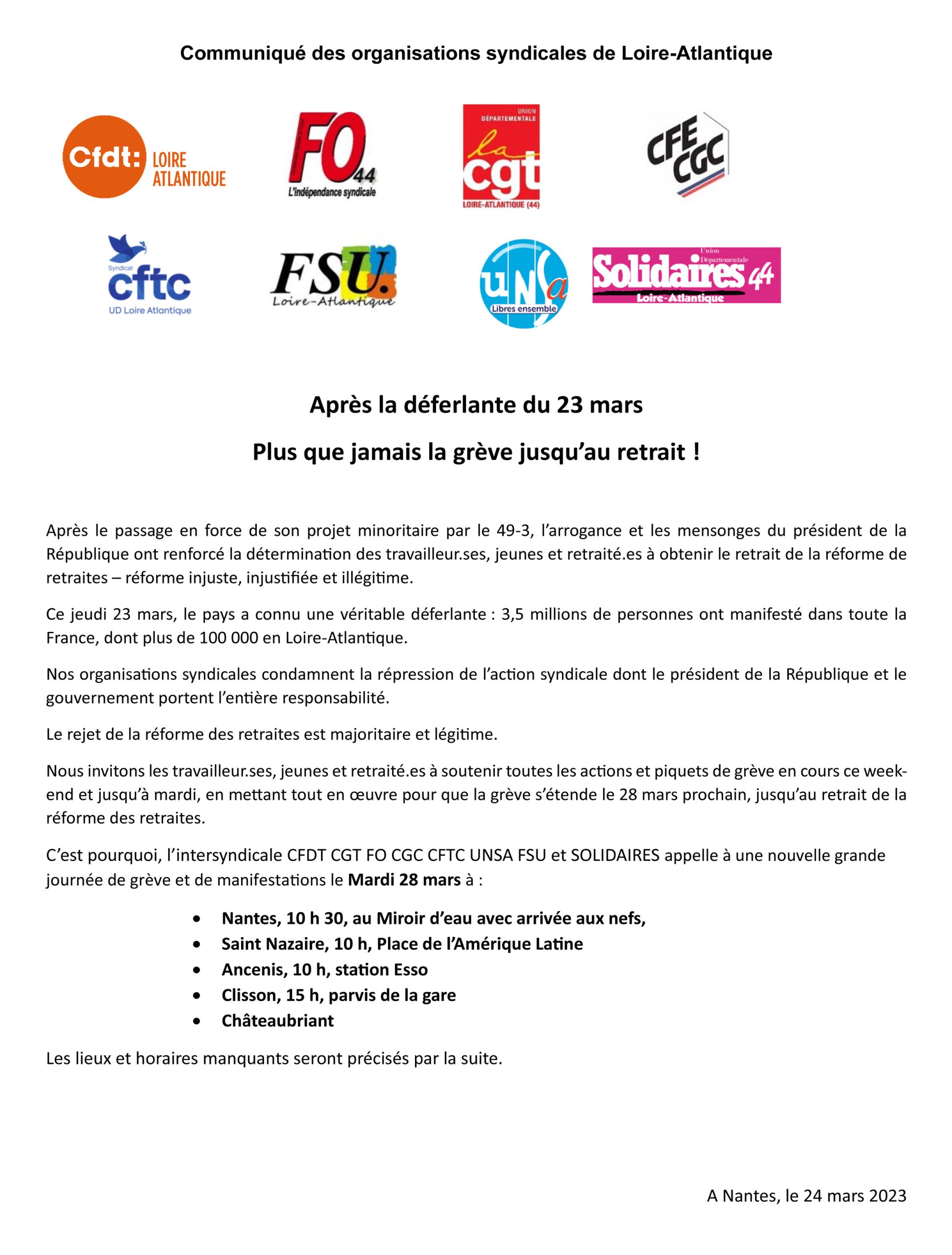 28 mars : après la déferlante du 23, plus que jamais la grève jusqu’au retrait !