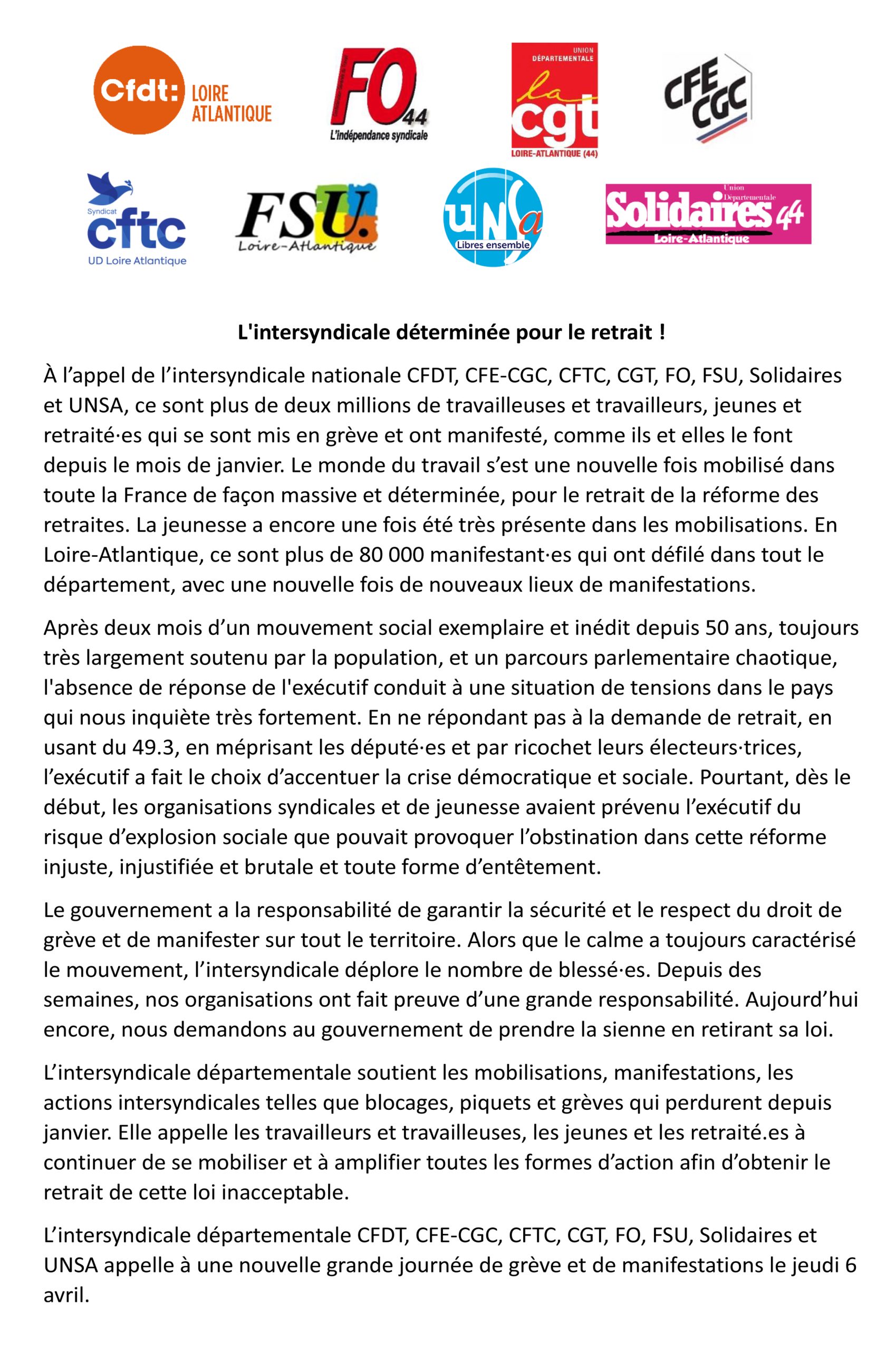 6 avril : l’intersyndicale déterminée pour le retrait !