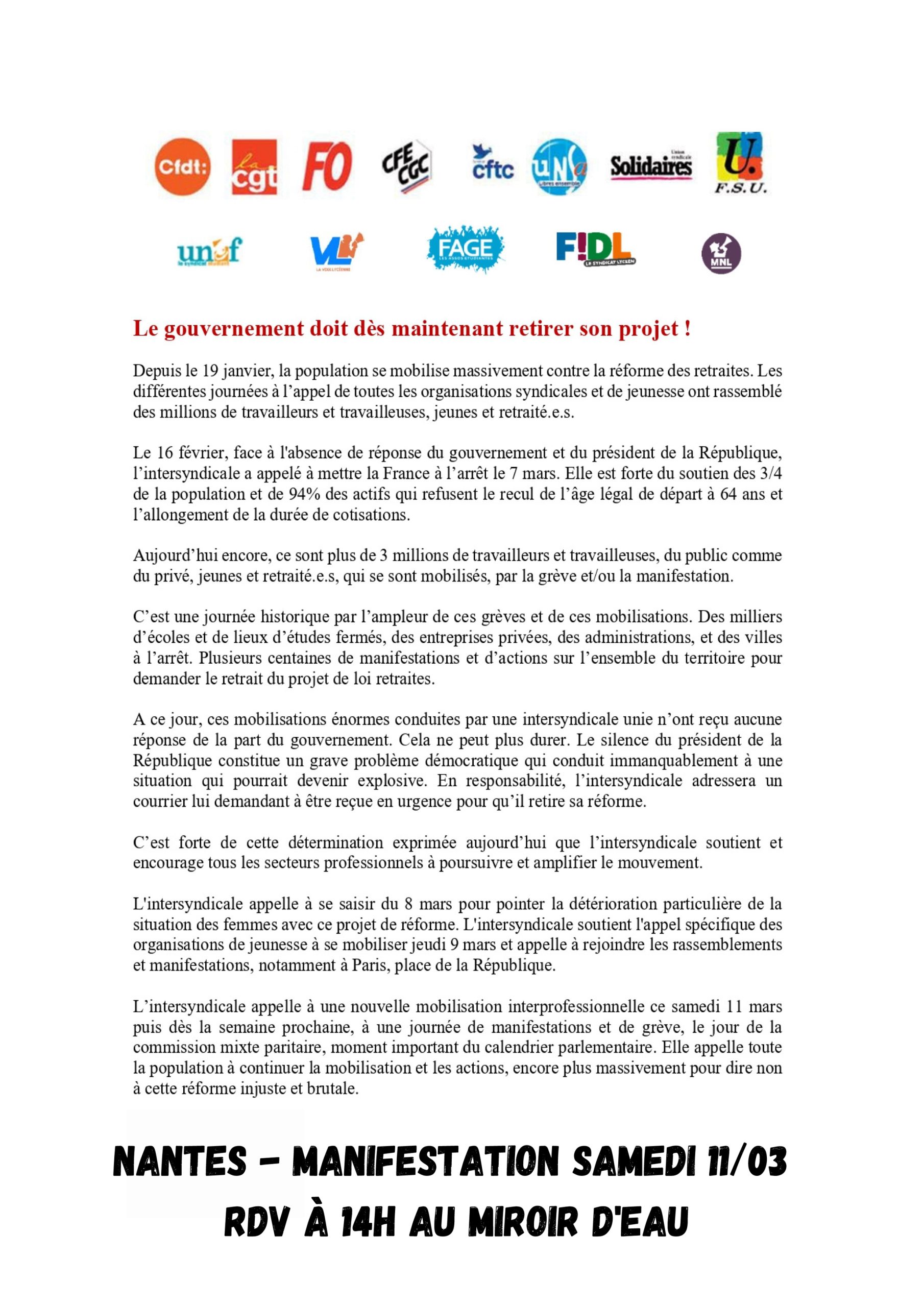 11 mars : le gouvernement doit dès maintenant retirer son projet !