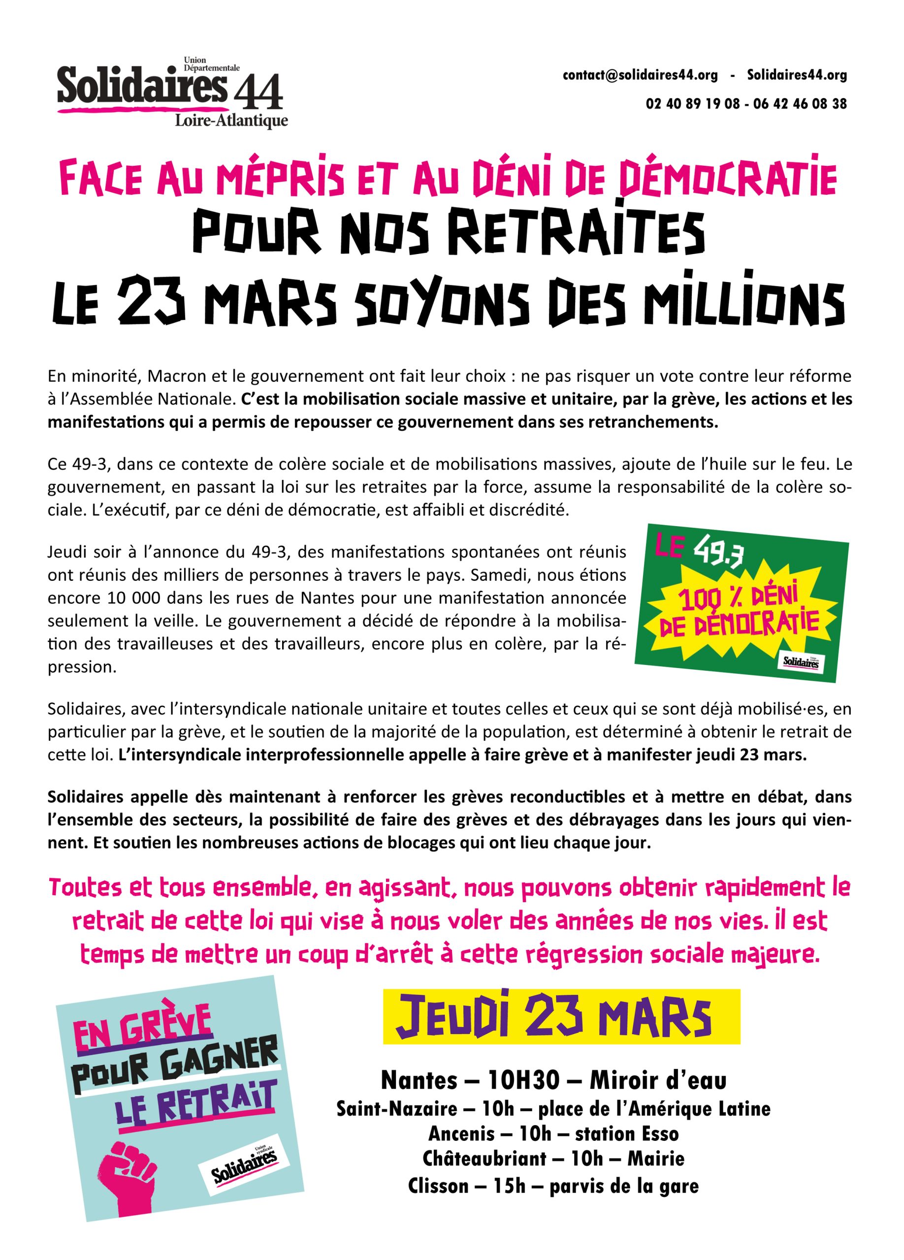 23 mars : face au mépris et au déni de démocratie, pour nos retraites, soyons des millions !