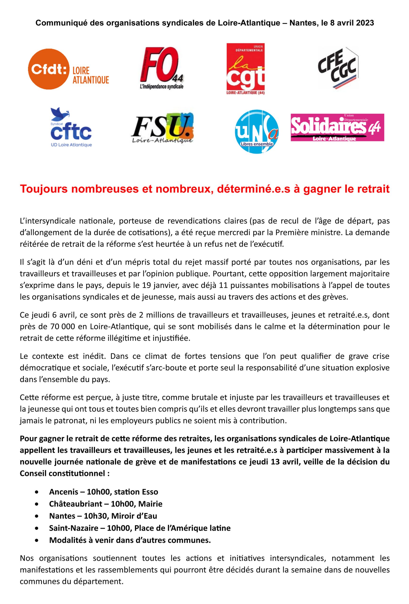 13 avril – toujours nombreuses et nombreux, déterminé·es à gagner le retrait !