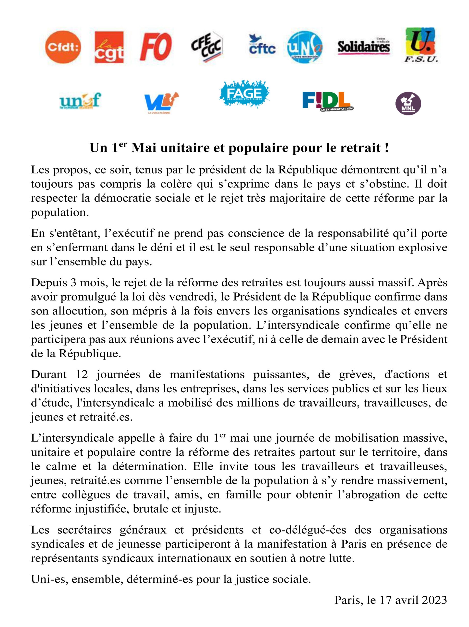 1er mai unitaire et populaire pour le retrait !