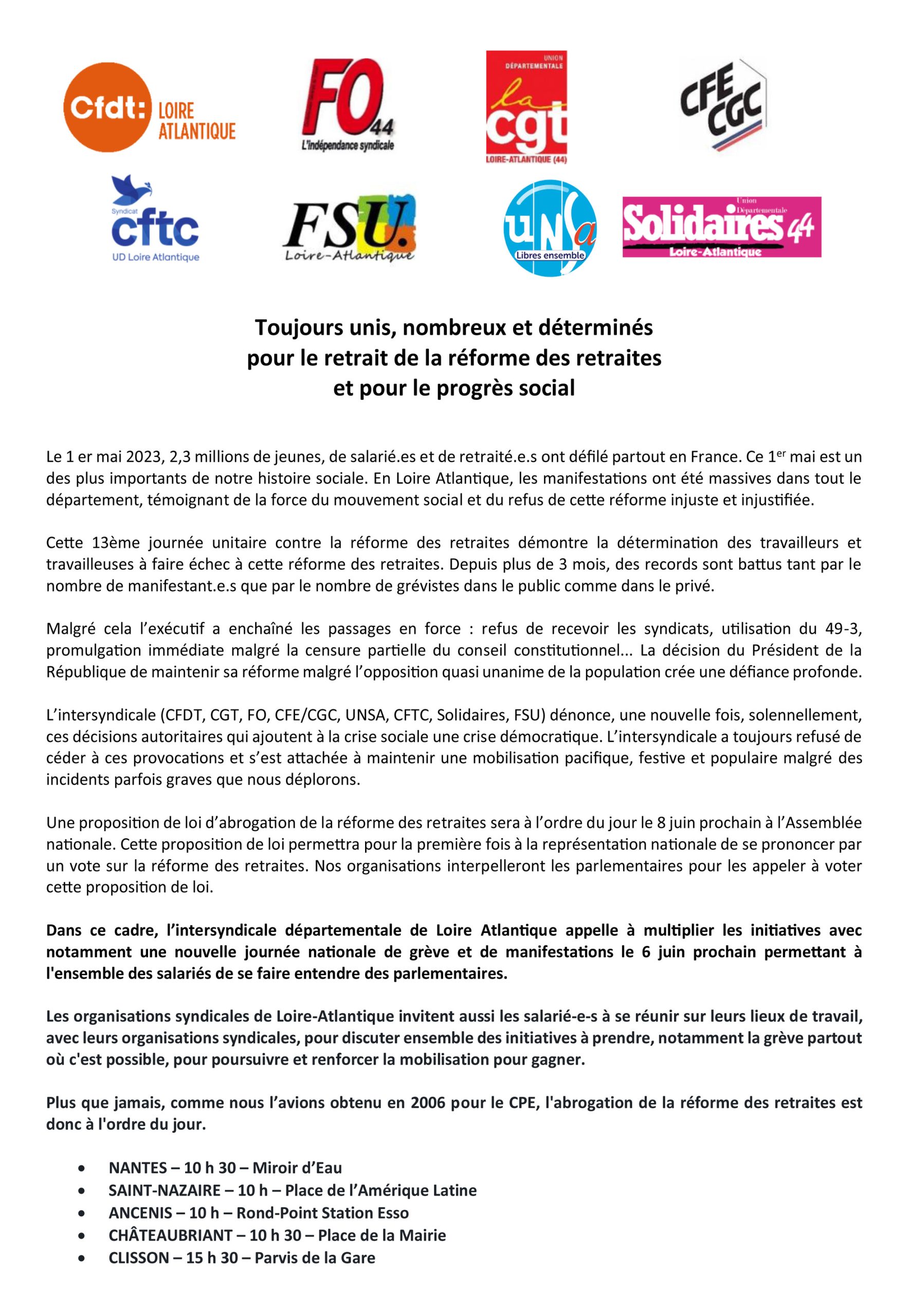 6 juin : toujours uni·es, nombreuses et déterminé·es pour le retrait de la réforme des retraites et le progrès social !