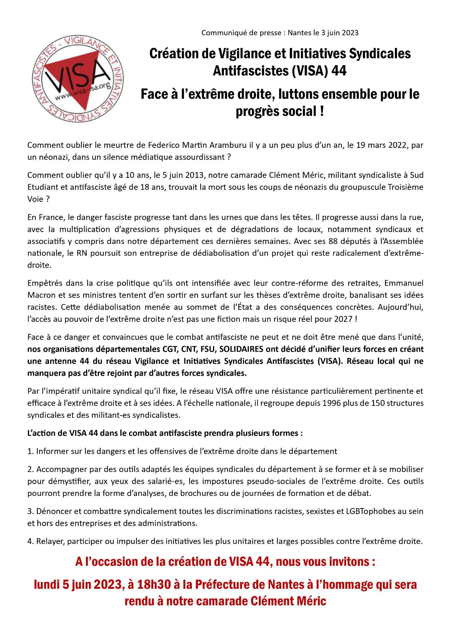 5 juin : création de Vigilance et Initiatives Syndicales Antifascistes (VISA) 44 !