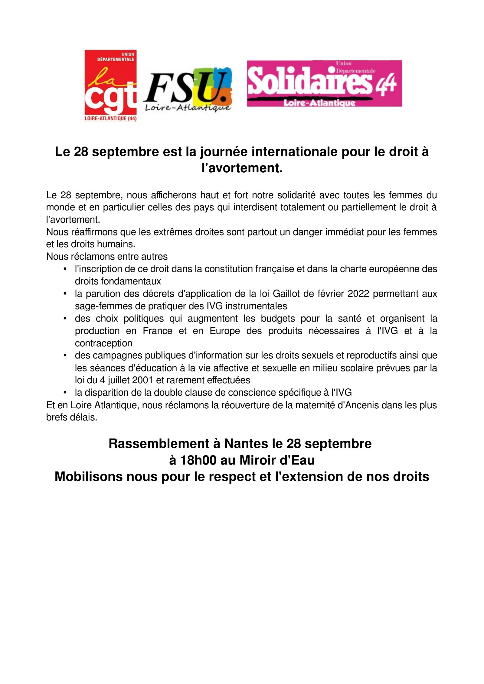 28 septembre : journée internationale pour le droit à l’avortement !