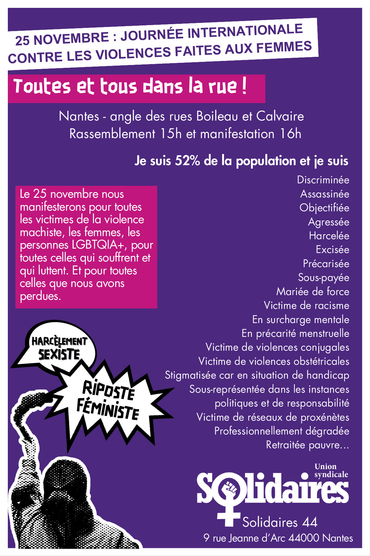 25 novembre : Manifestations contre les violences sexistes et sexuelles faites aux femmes et à la communauté LGBTQIA +