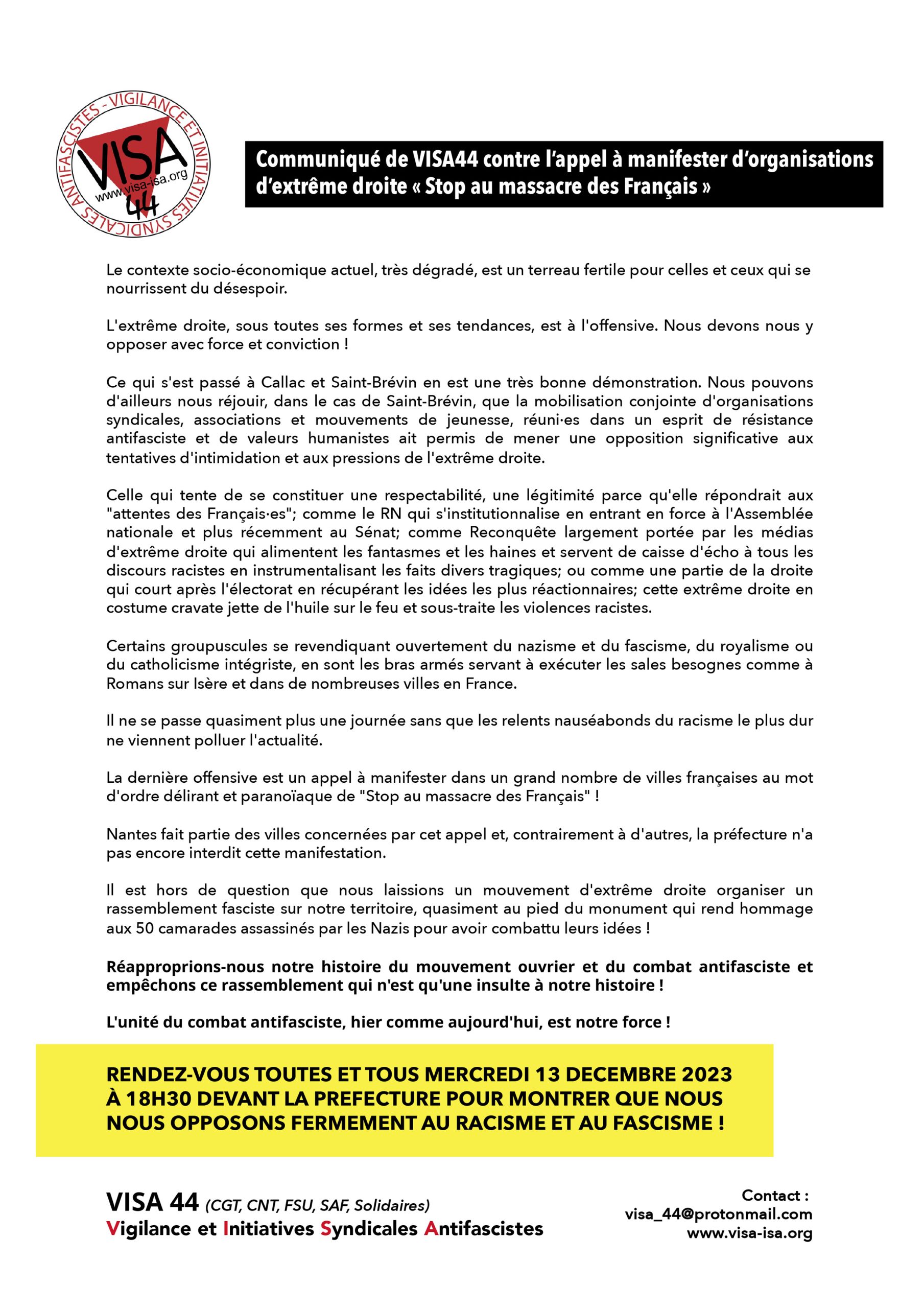 13 décembre : VISA 44 – communiqué contre l’appel à manifester d’organisations d’extrême droite.