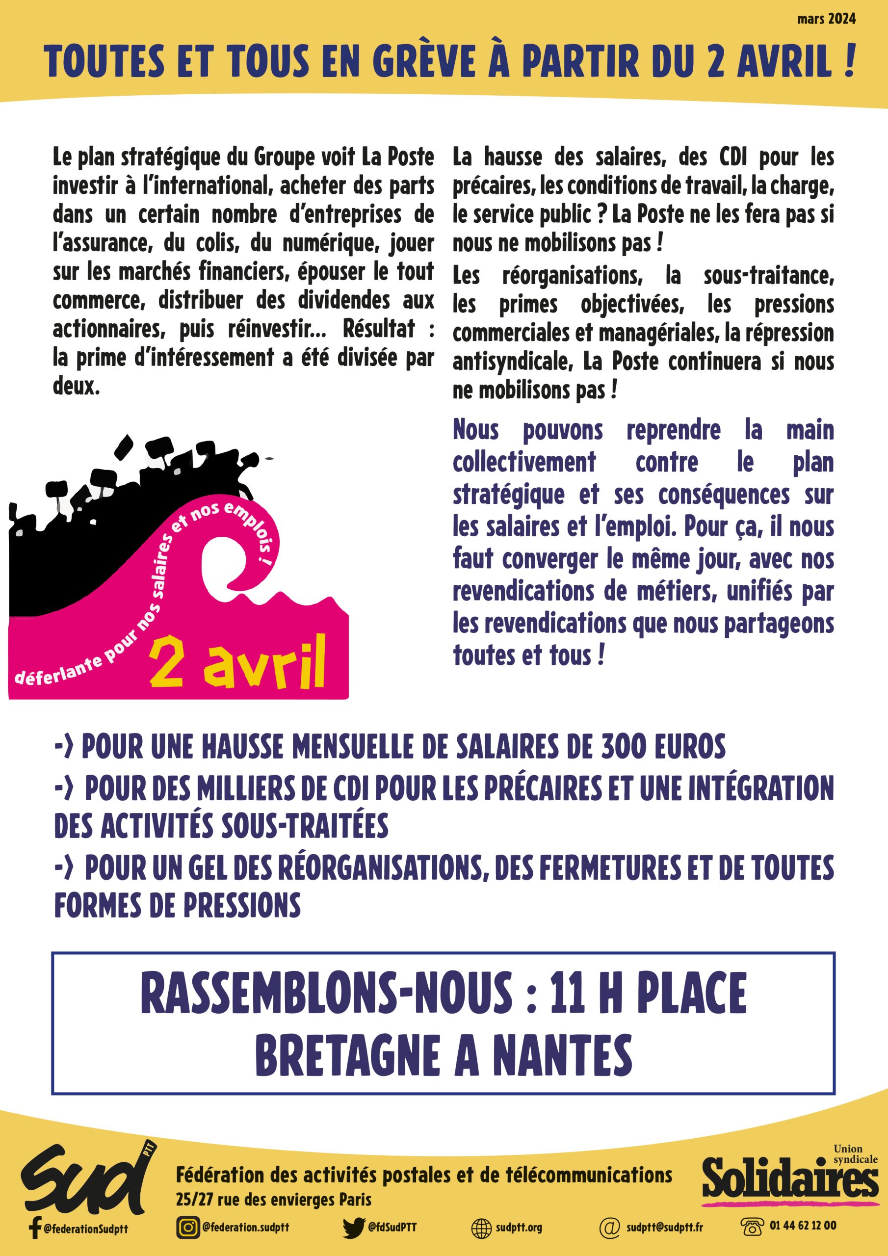 2 avril – Sud PTT – Salaires, mutuelle, intéressement à La Poste : le 2 avril on va chercher ce qui nous est dû !