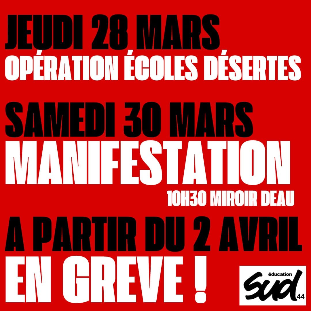 28 mars, 30 mars et à partir du 2 avril : Sud Education – la lutte continue !