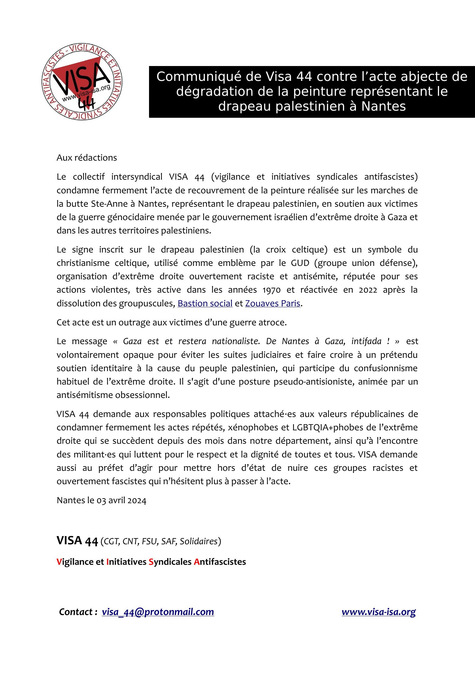 04 avril – VISA 44 : communiqué de presse