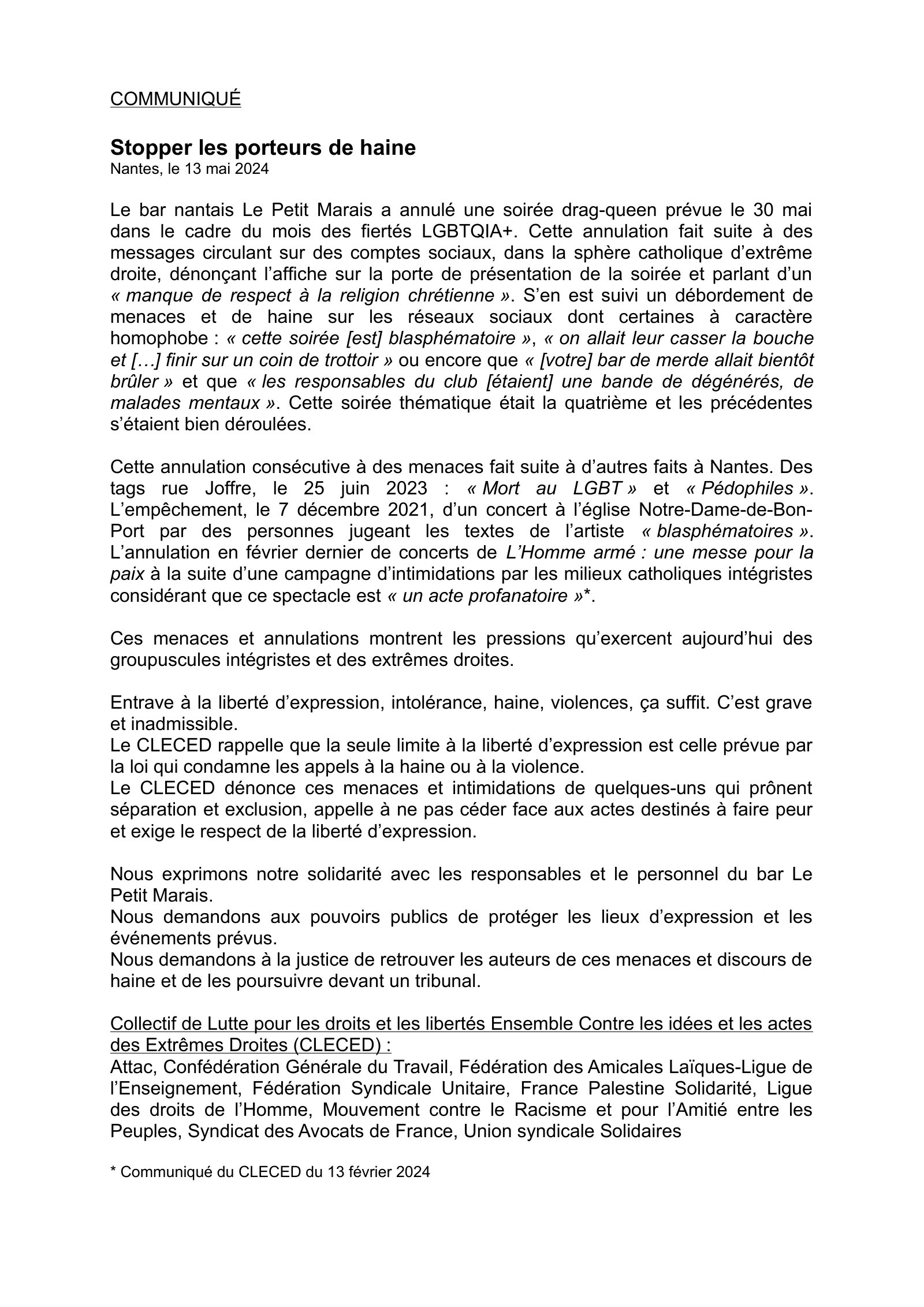 13 mai 2024 – Communiqué du CLECED – Stopper les porteurs de haine !