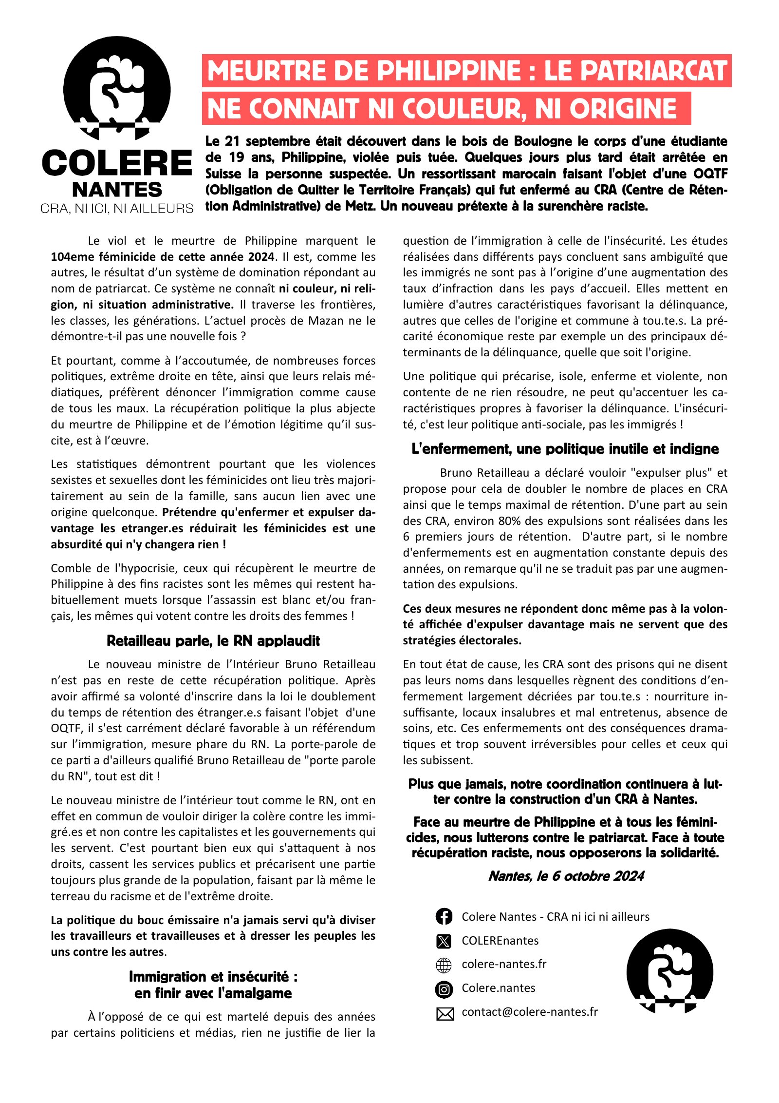 6 Octobre – Communiqué de presse : meurtre de Philippine, le patriarcat ne connait ni couleur, ni origine !
