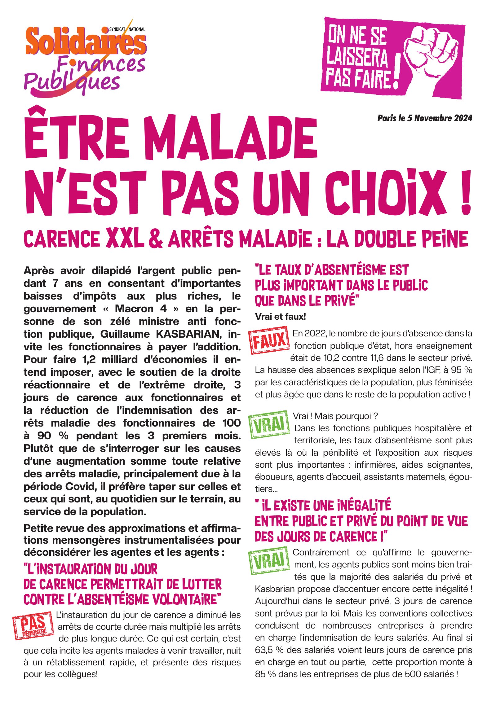 5 novembre : Solidaires Finances Publiques – Être malade n’est pas un choix, être soigné est un droit