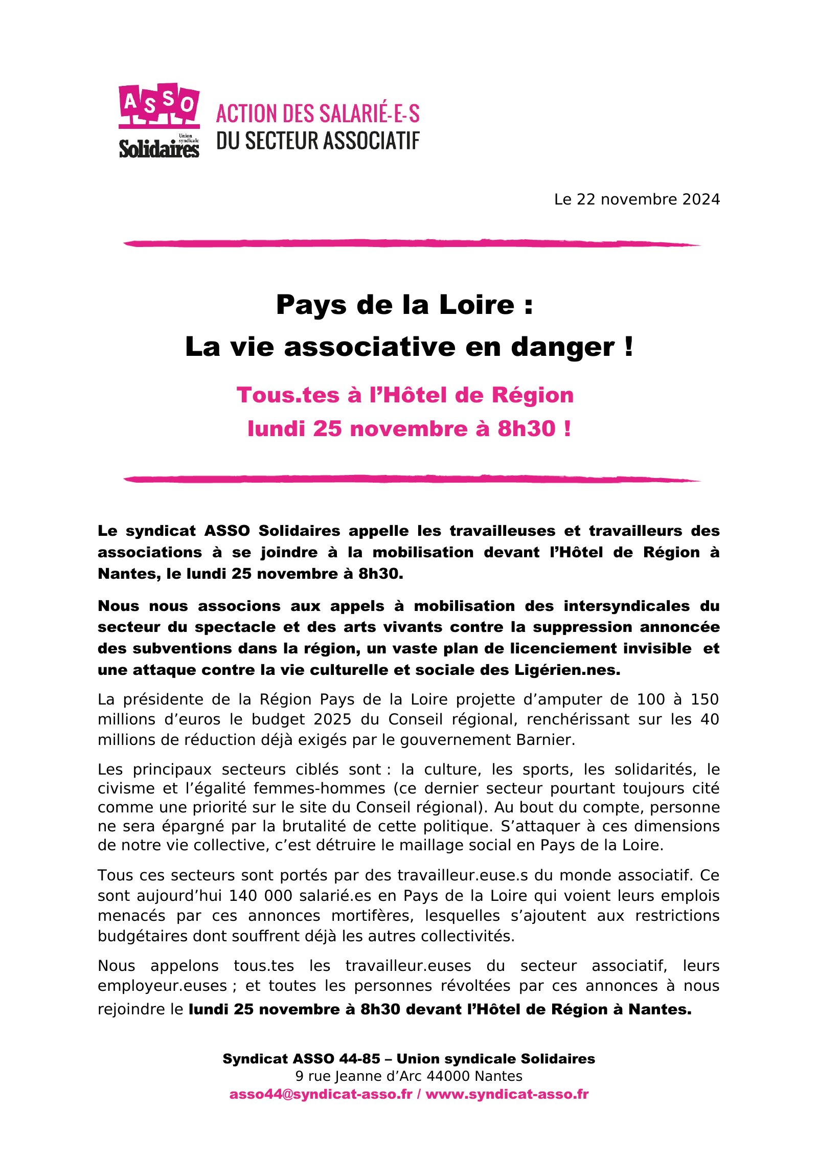 25 novembre : ASSO – Communiqué de presse : Pays de la Loire – La vie associative en danger !