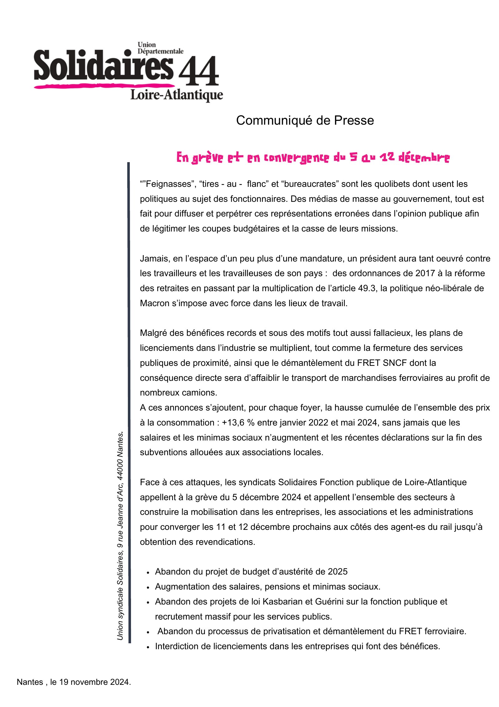 En décembre – communiqué de presse : en lutte et en convergence du 5 au 12 décembre !
