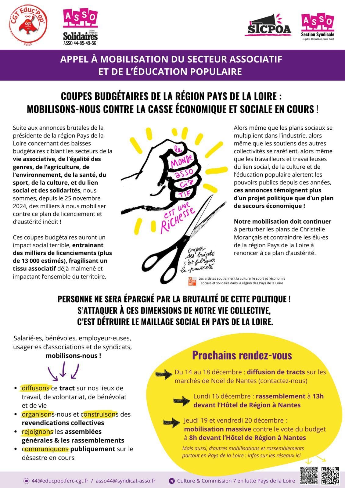16, 19 et 20 décembre : ASSO – Coupes budgétaires de la région Pays de la Loire : mobilisons nous contre la casse économique et sociale en cours !