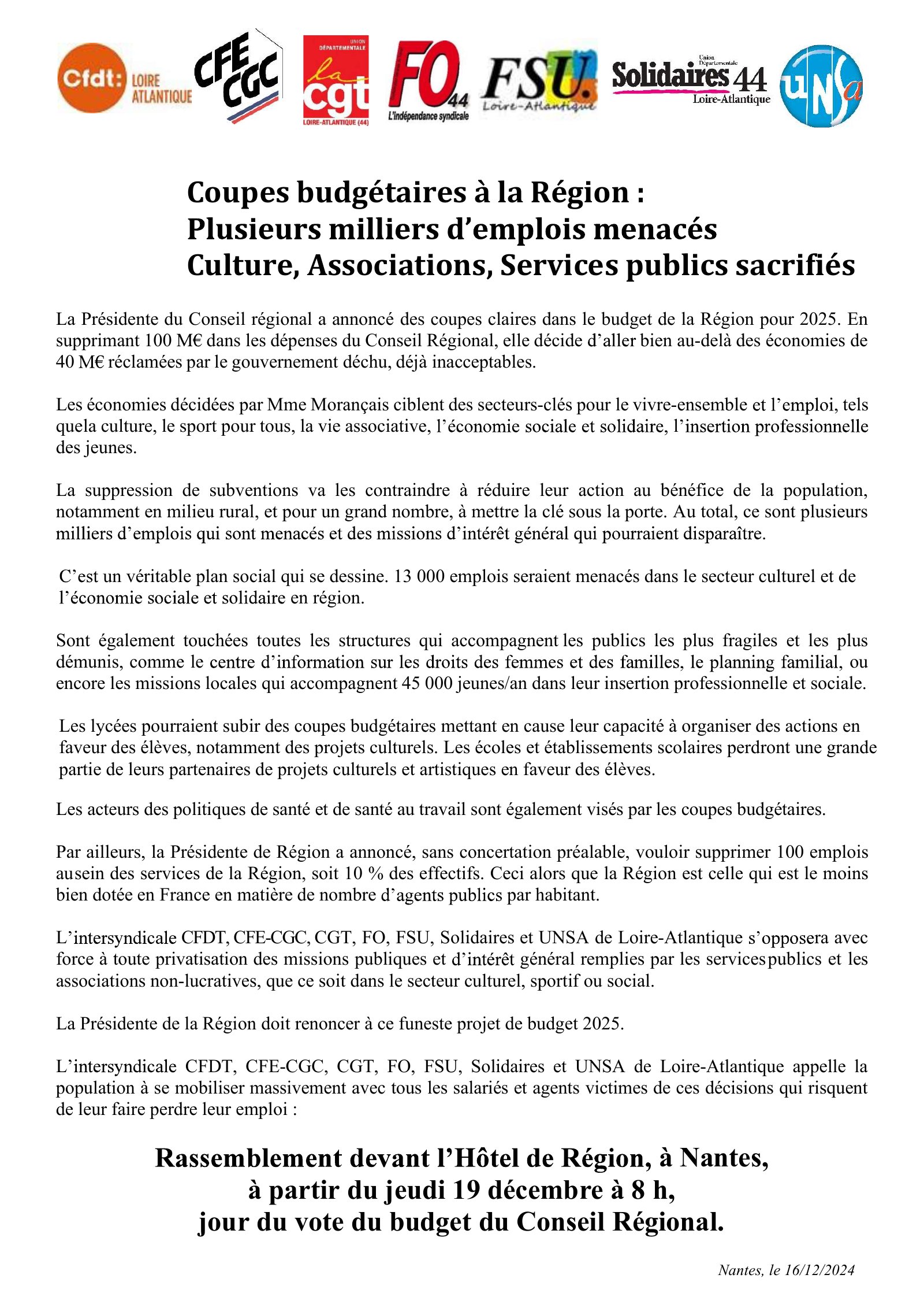 19 décembre : Communiqué intersyndical – Coupes budgétaires à la région : plusieurs milliers d’emplois menacés – Culture, Associations, services publics sacrifiés !