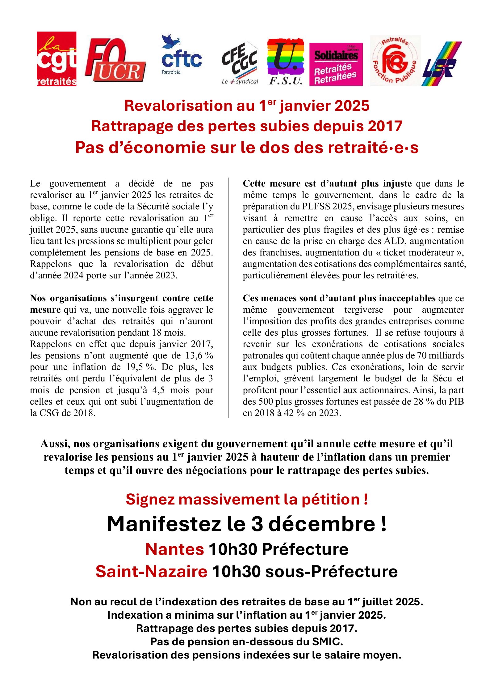 3 décembre – UDIRS : Revalorisation au 1er janvier 2025 – Rattrapage des pertes subies depuis 2017 – Pas d’économie sur le dos des retraité·es