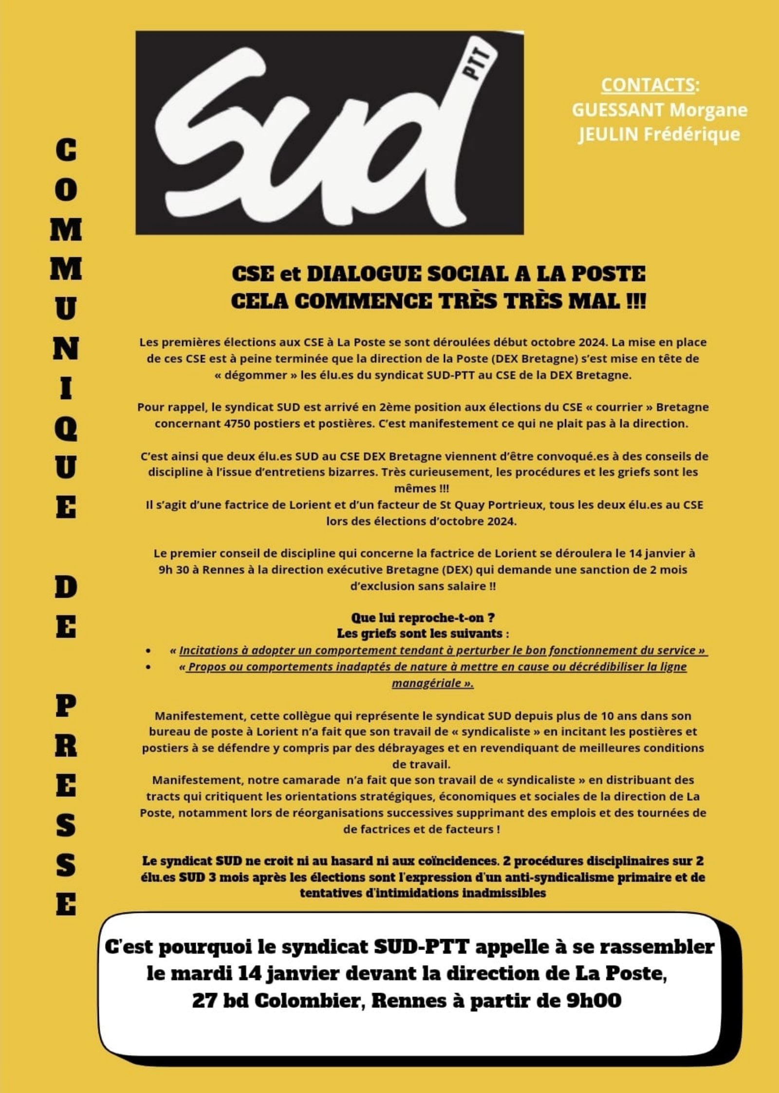14 janvier : Sud PTT – CSE et dialogue social à La Poste, cela commence très mal – soutien à nos camarades !