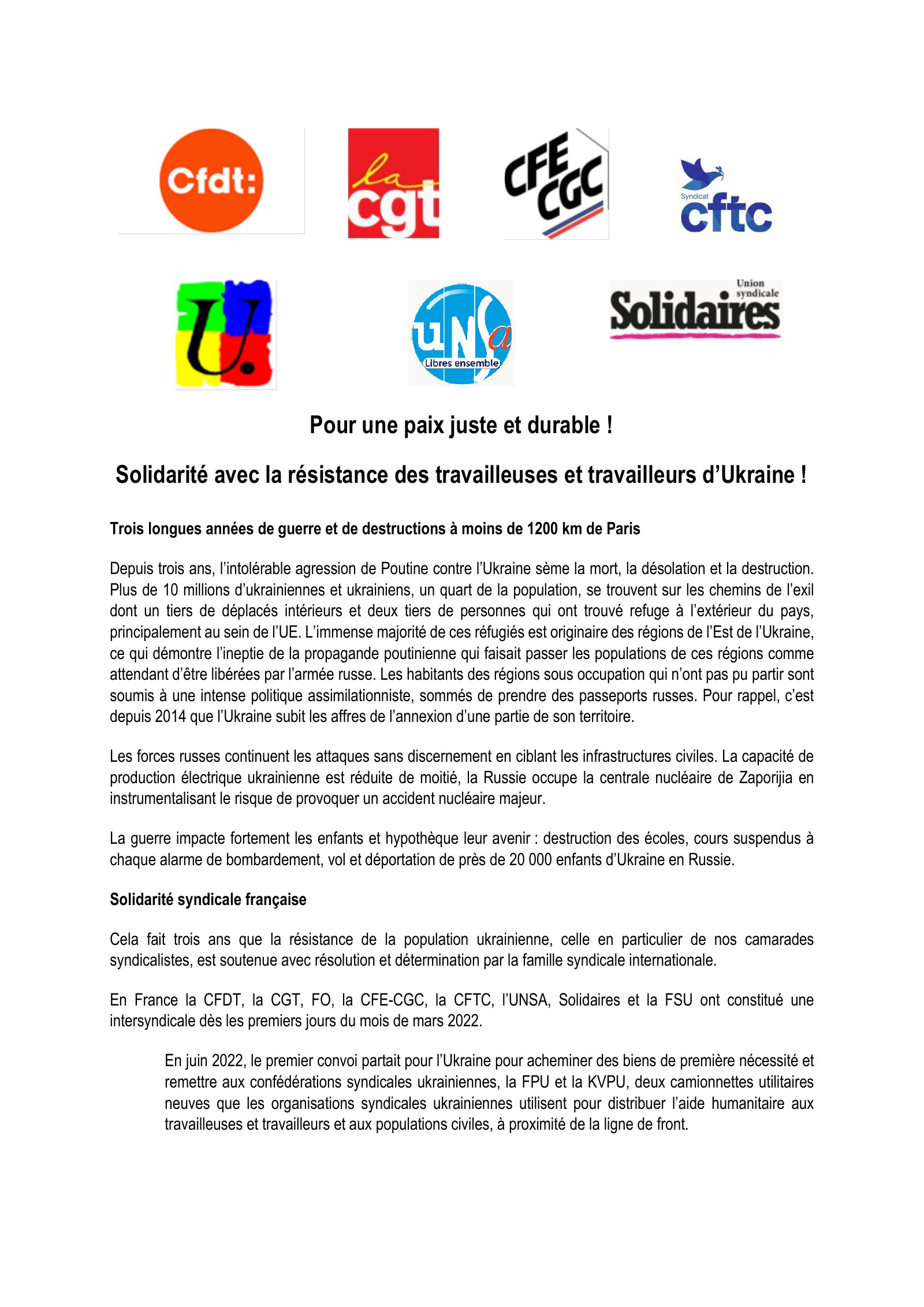 23 et 24 février : pour une paix juste et durable – Solidarité avec la résistance des travailleuses et travailleurs d’Ukraine !