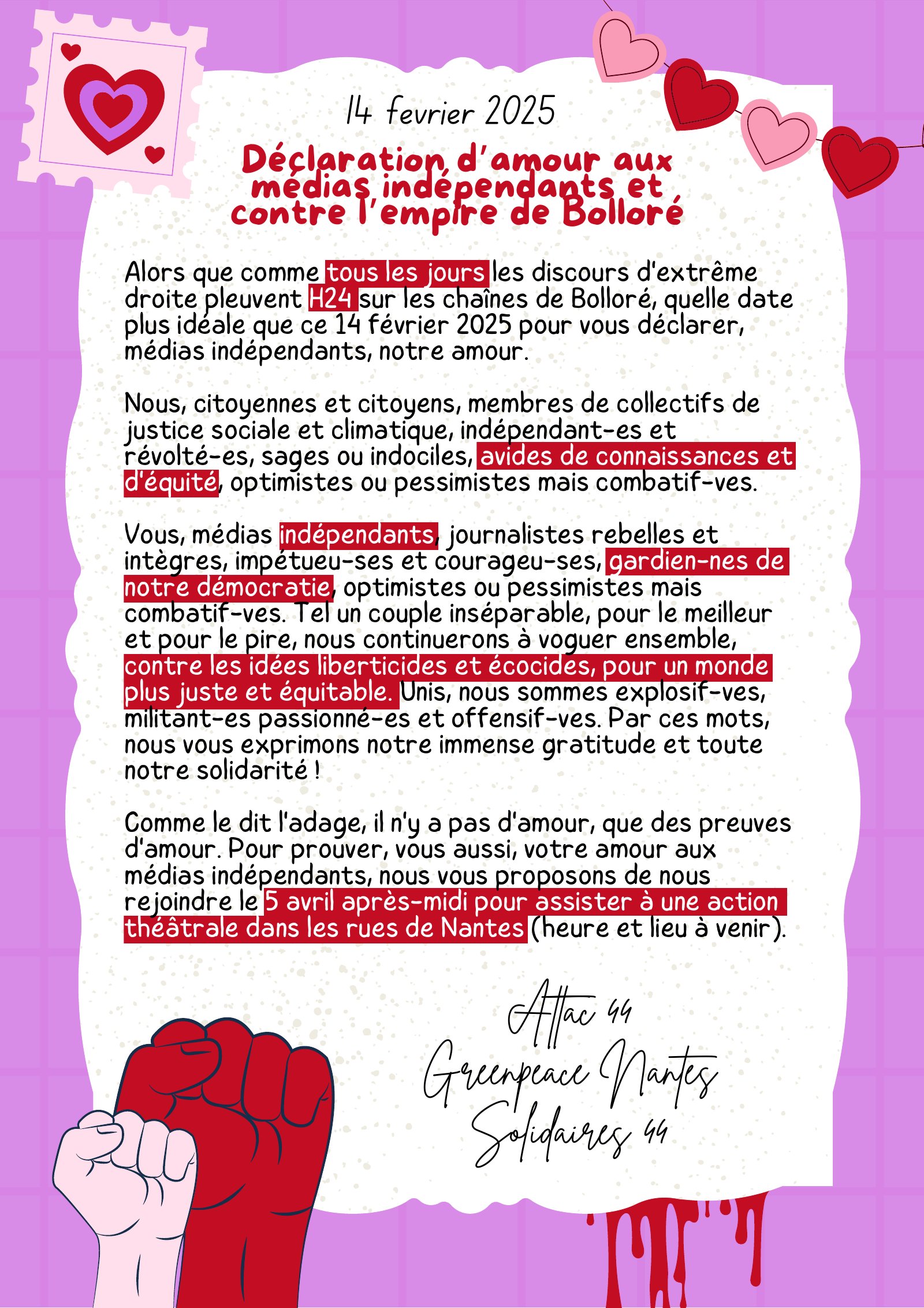 14 février : déclaration d’amour aux médias indépendants et contre l’empire Bolloré !