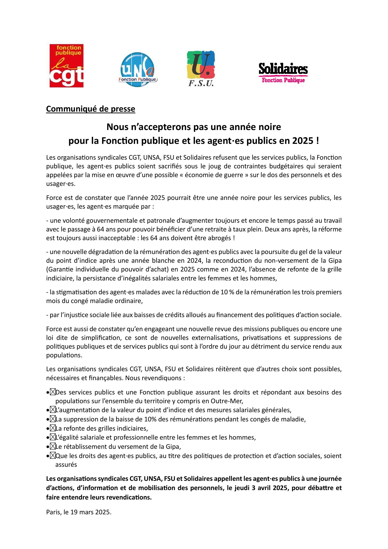3 avril 2025 – Mobilisation Fonction Publique pour nos services publics, nos salaires et nos retraites !