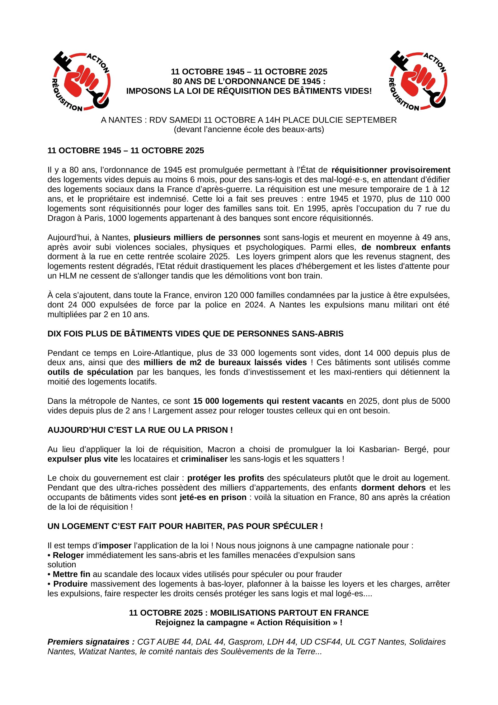 11 octobre – DAL – 80 ANS DE L’ORDONNANCE DE 1945 : IMPOSONS LA RÉQUISITION DES BÂTIMENTS VIDES !