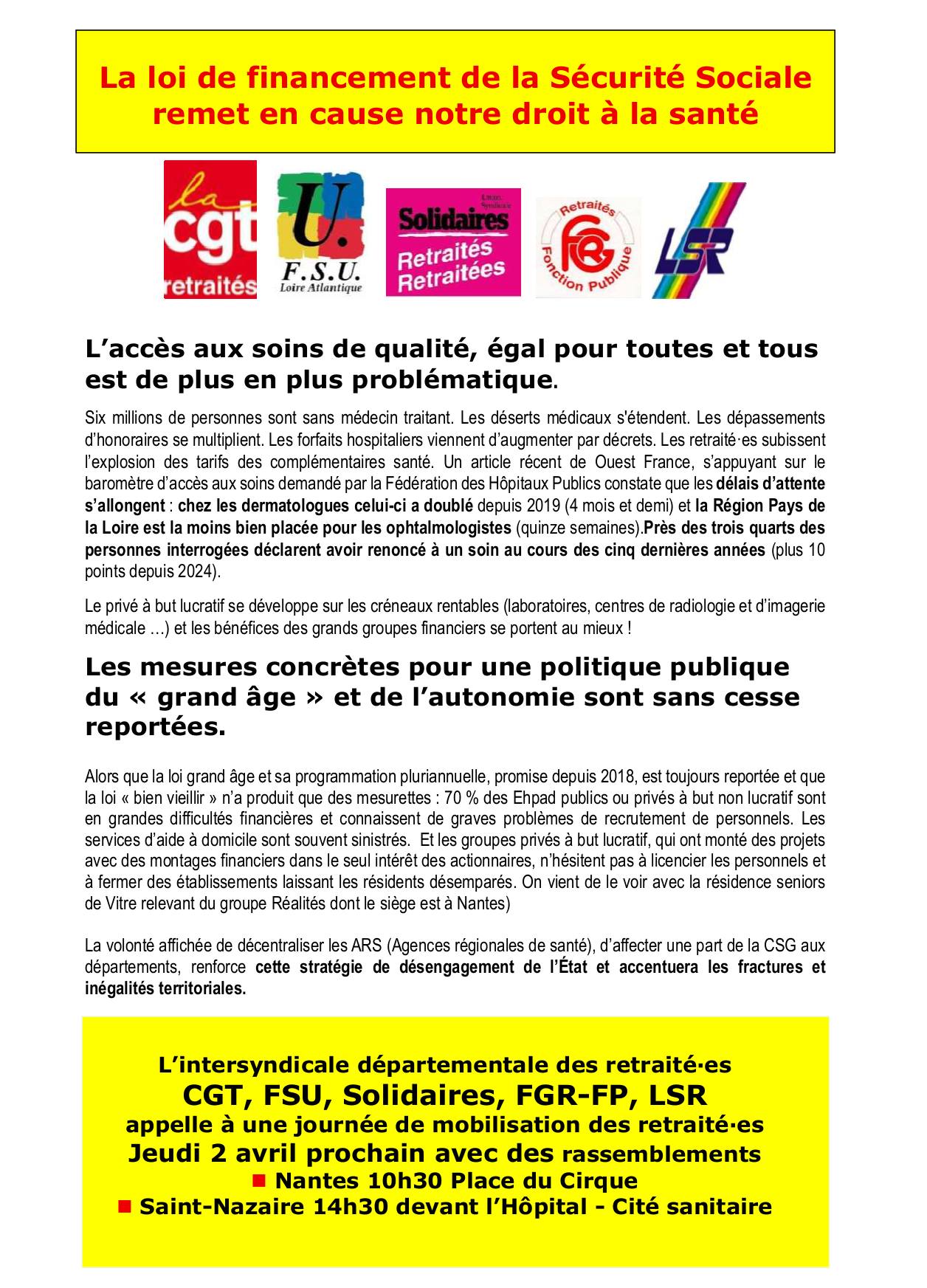2 Avril – Les retraité·es se mobilisent pour le droit d’accès aux soins et à la santé pour toutes et tous