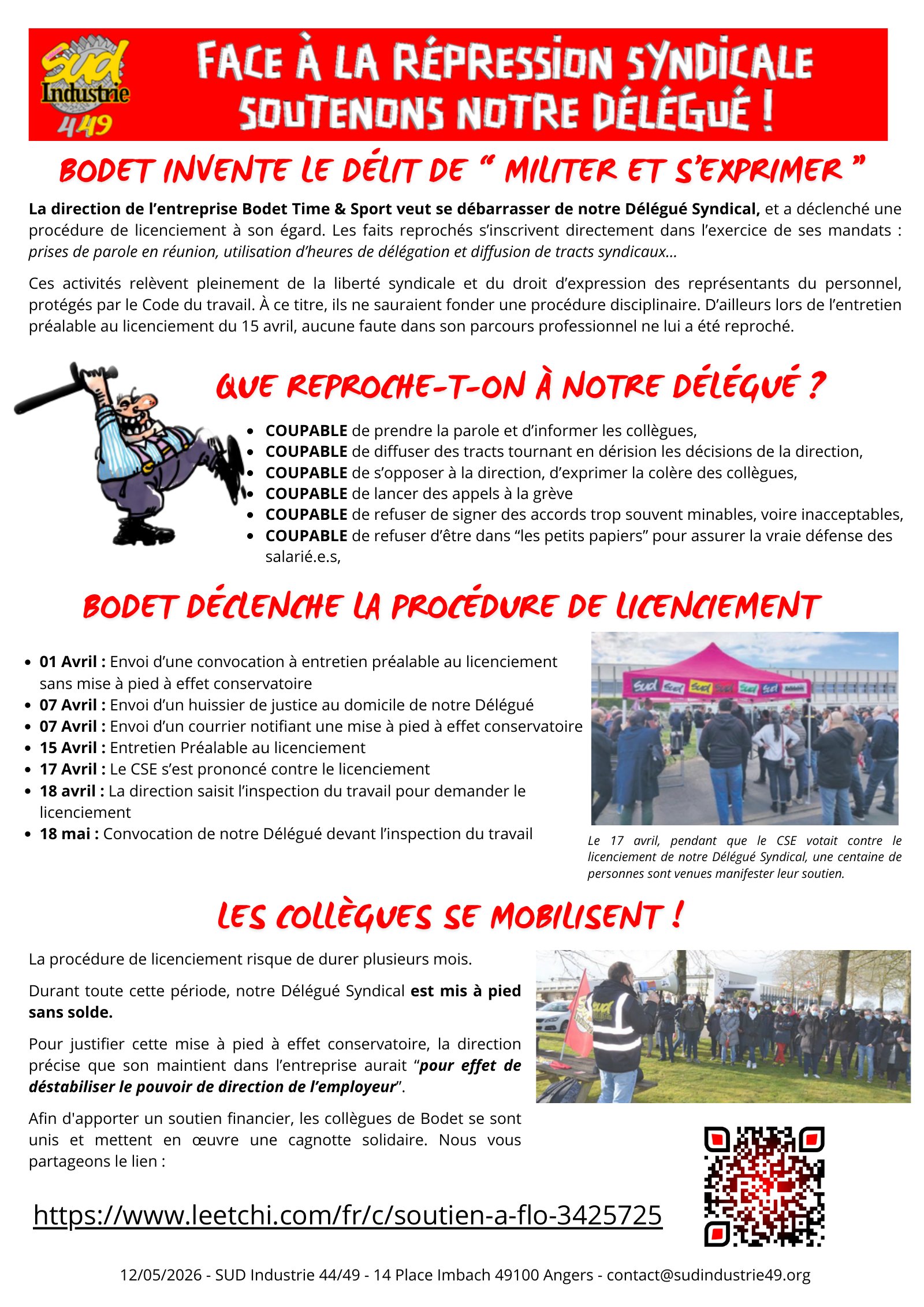 13 mai – Face à la répression syndicale, soutien aux camarades de SUD Industrie 44/49